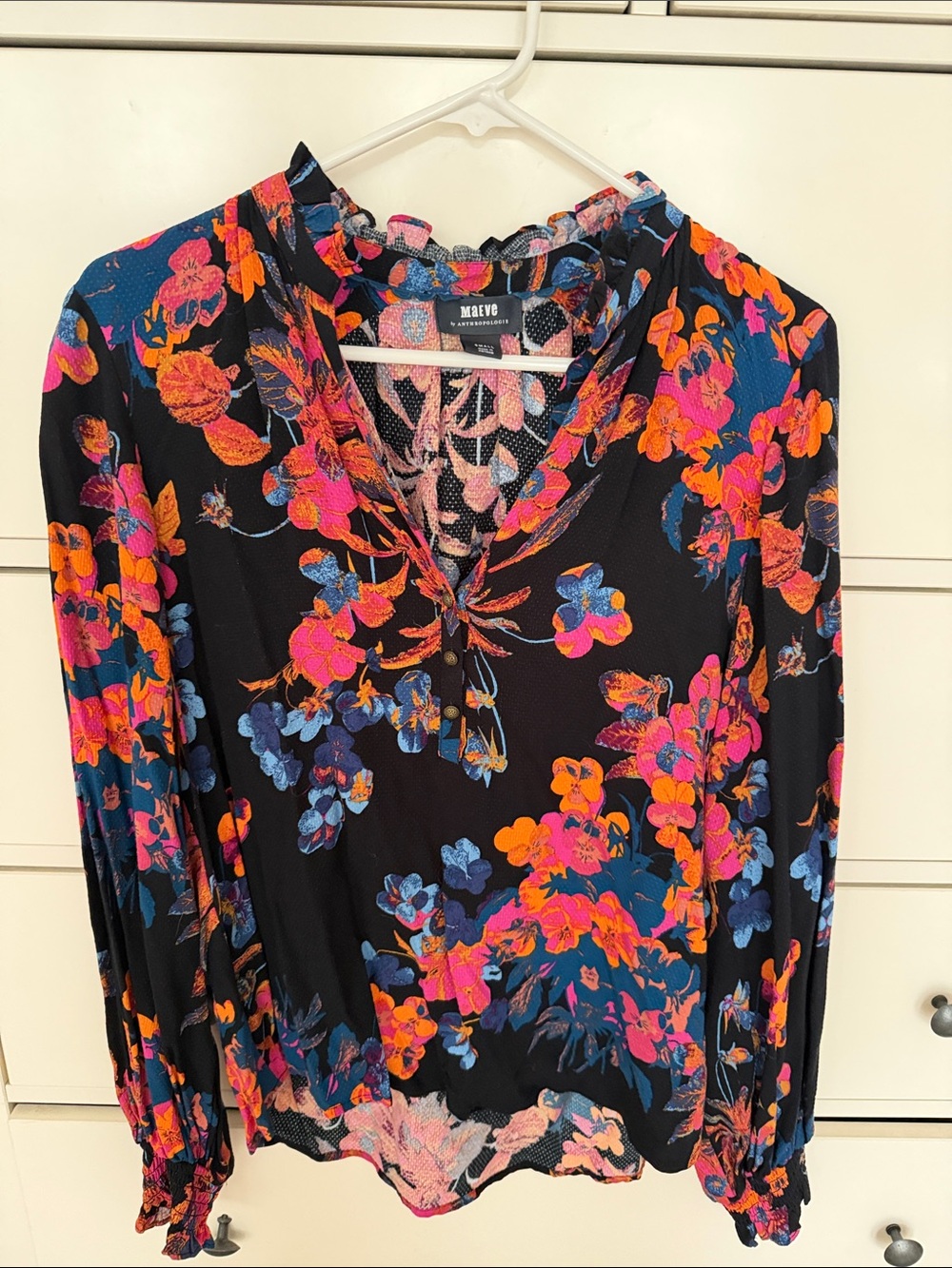 Maeve Black Floral V-Neck Long-Sleeve Blouse with Pink, Orange & Blue Flowers